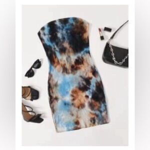NEW Shein Blue Brown Black Ribbed Tie Dye Strapless Tube Top Mini Dress - 1XL